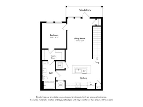 Floor plan for 1 bed, 1 bath, 785 sqft